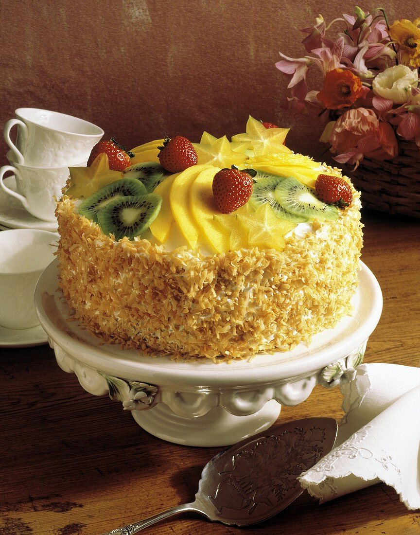 Round Layer Cake with Fresh Fruit; Toasted Coconut