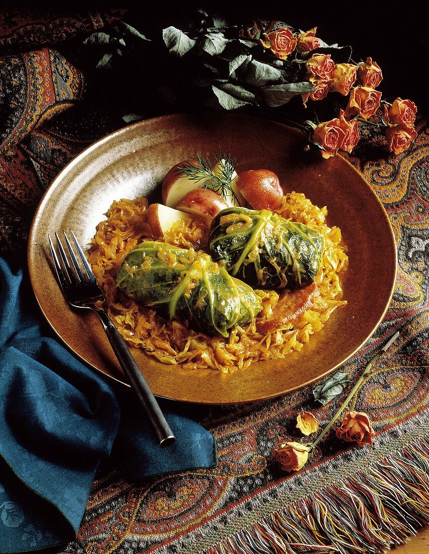 Stuffed Cabbage Leaves with Onions; Red Potatoes