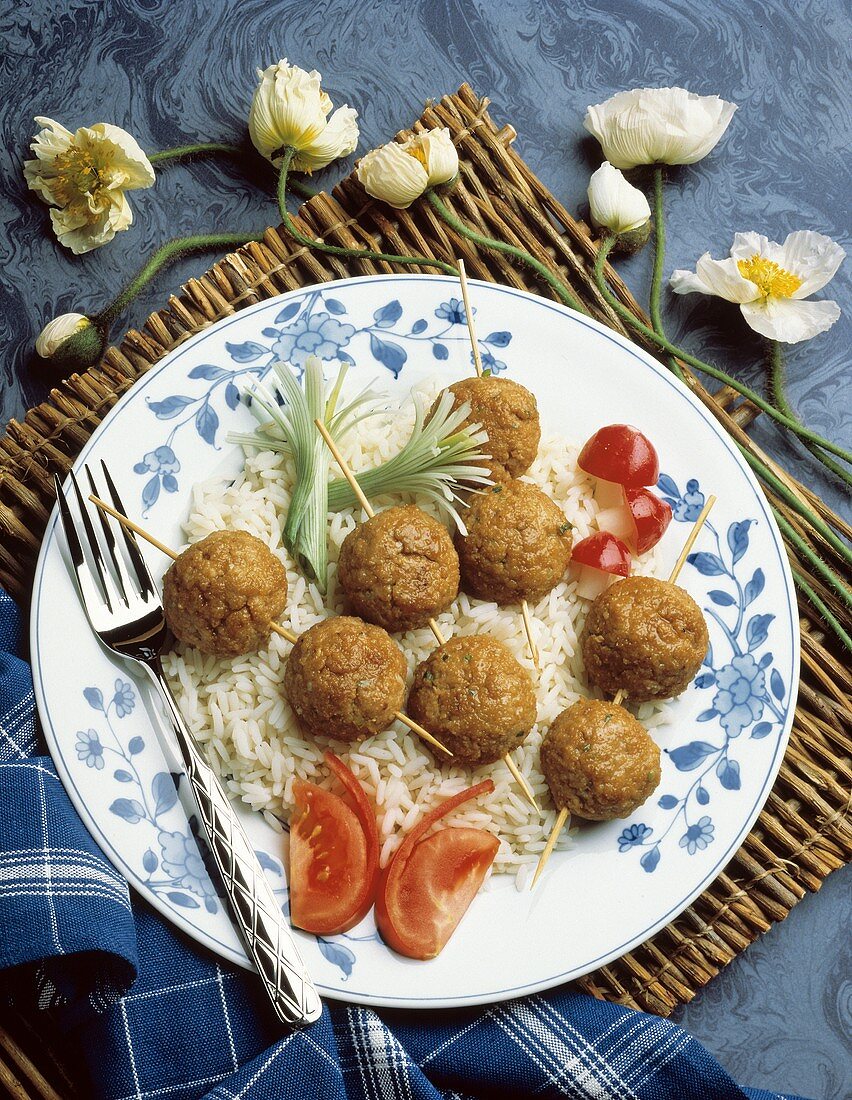 Meatball Kabobs on a Bed of Rice