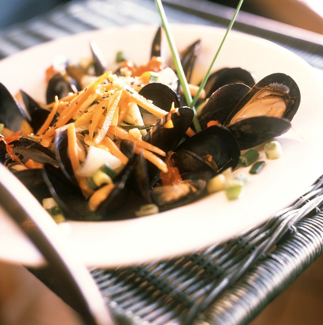 Steamed Mussels Served with Vegetables