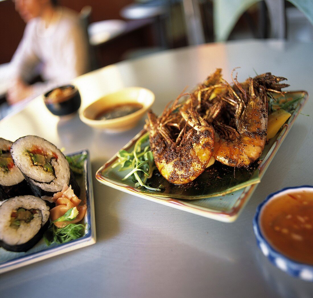 Spicy Shrimp with Dips and Sauces; Sushi