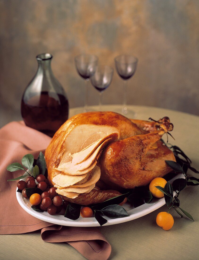Whole Turkey on Platter; Partially Carved