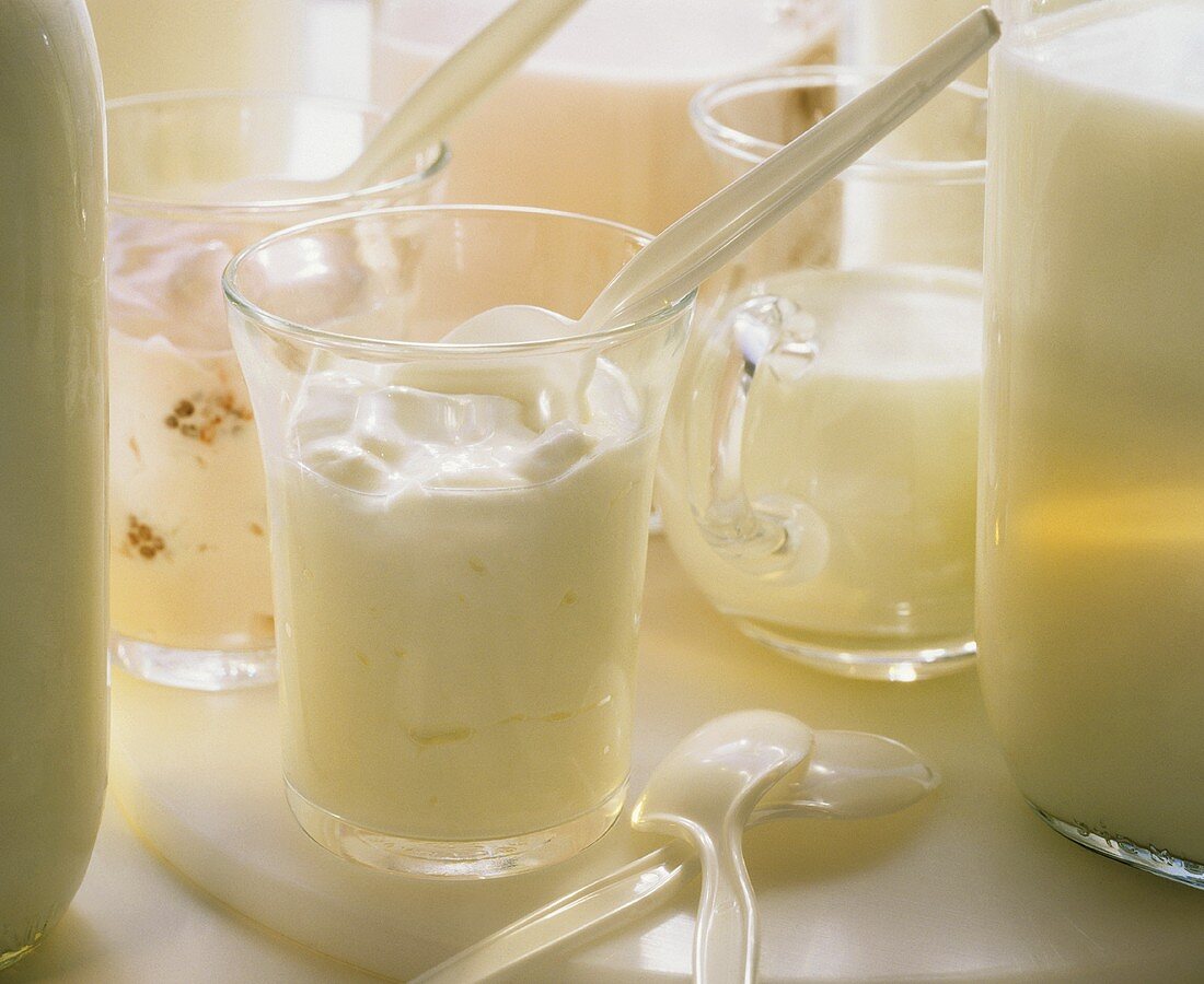 Milch & Joghurt (pur & mit Himbeeren) in Gläsern & Flaschen