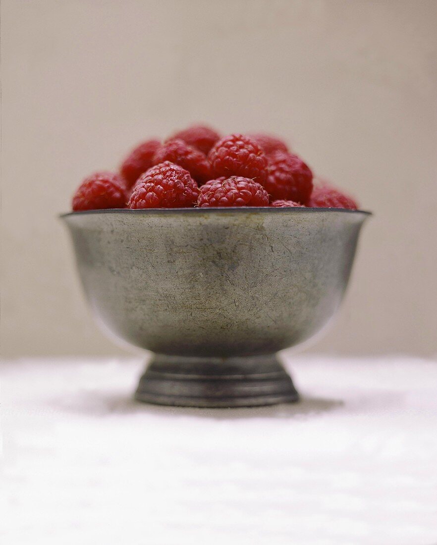 Fresh Raspberries in a Metal Bowl