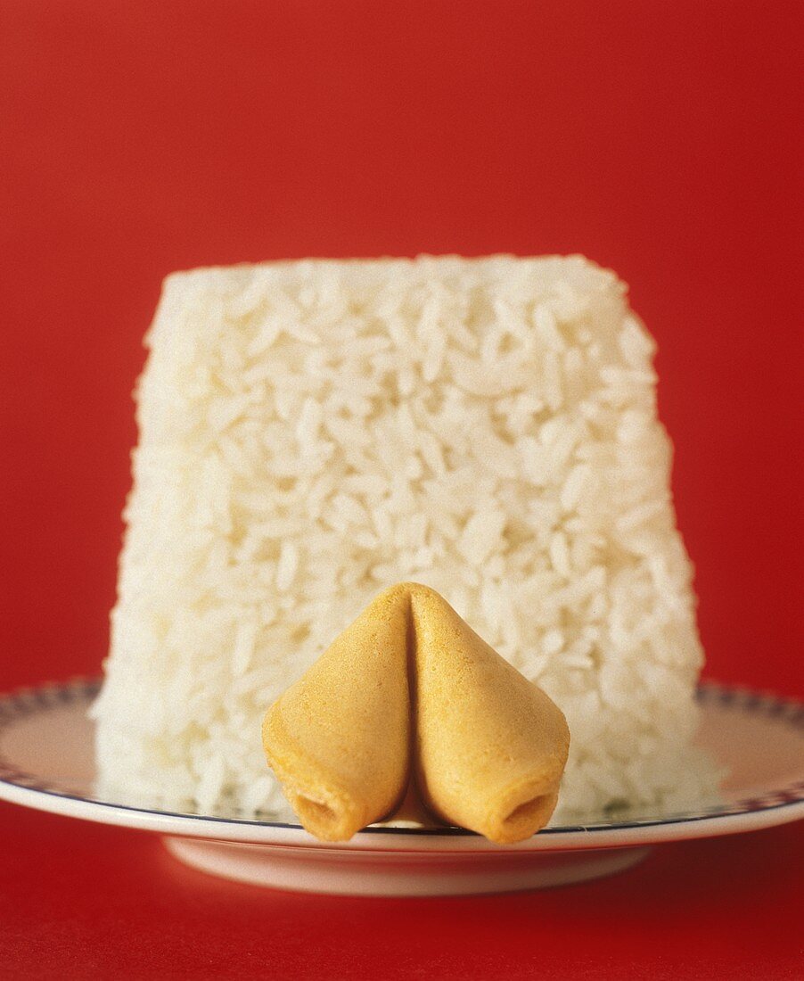 White Rice on a Plate with a Fortune Cookie