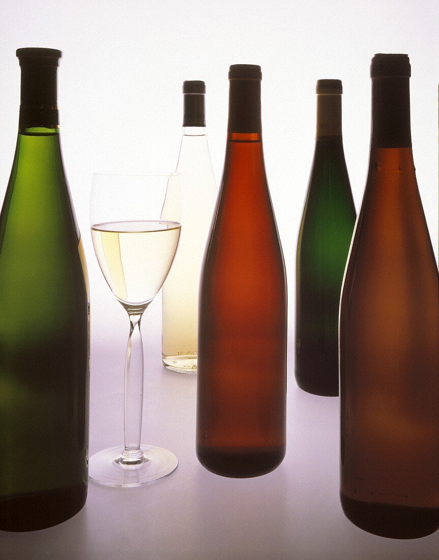 Verschiedene Weinflaschen mit einem Glas Weißwein