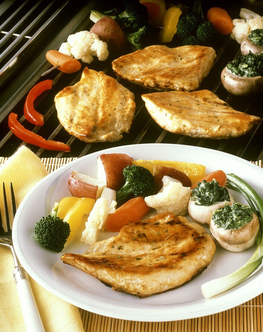 Chicken Breasts with Mixed Vegetables and Stuffed Mushrooms