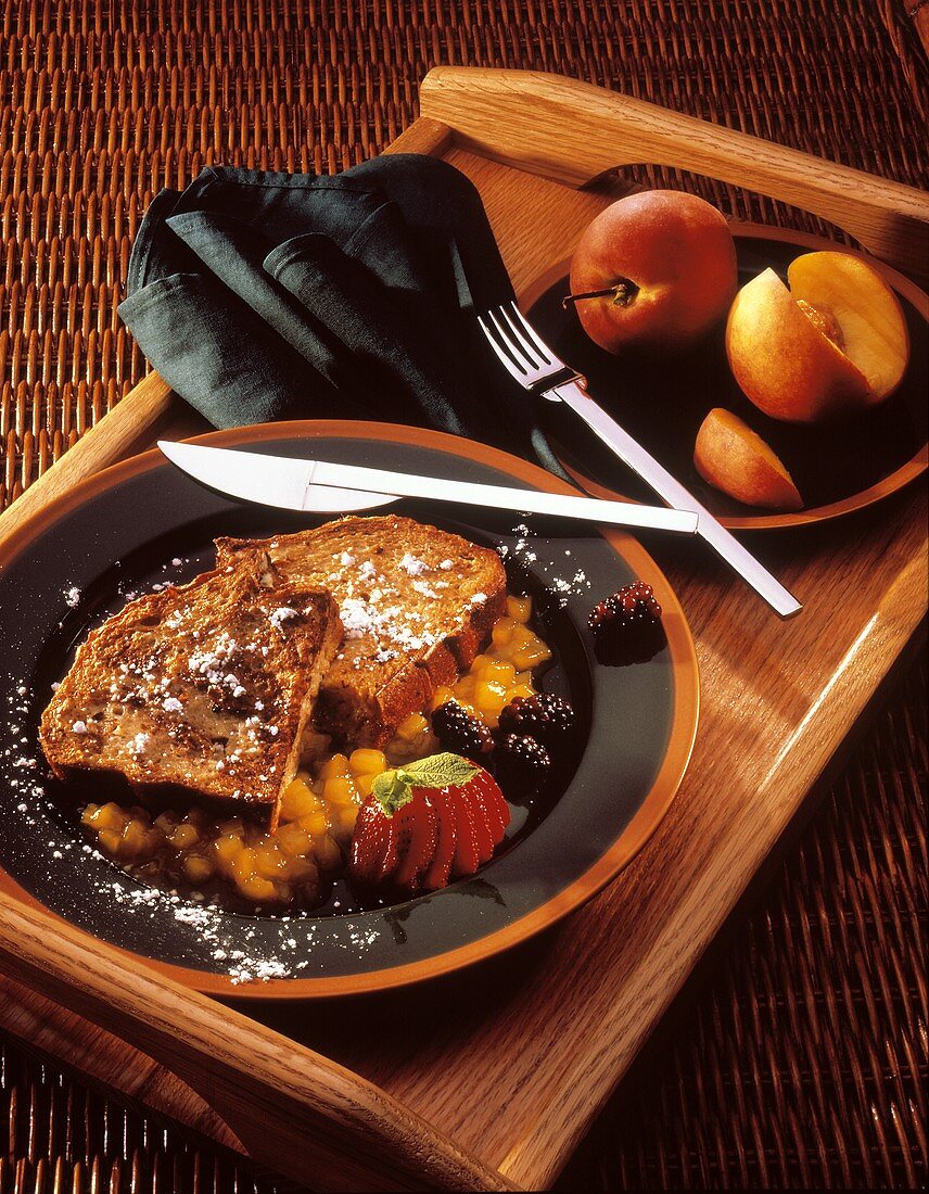 French Toast and Fresh Fruit on Wooden Tray