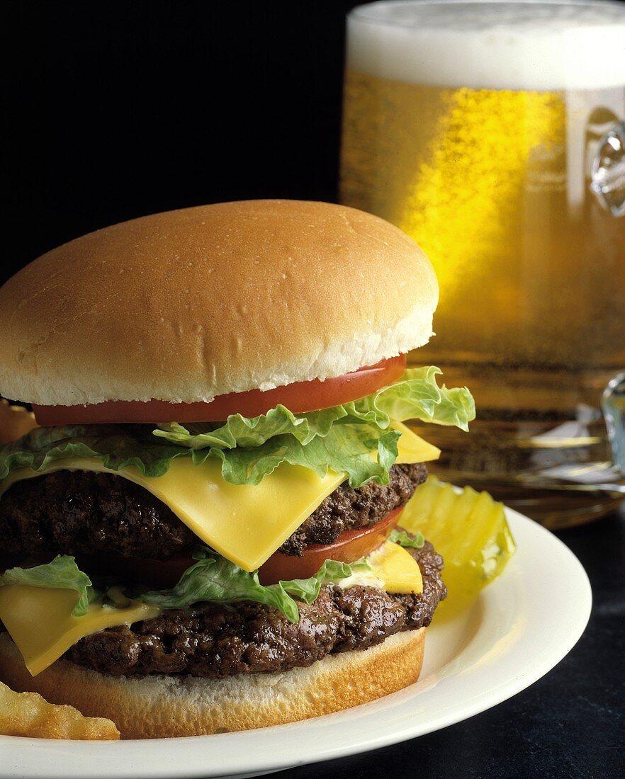 Double Cheeseburger Close Up; Beer