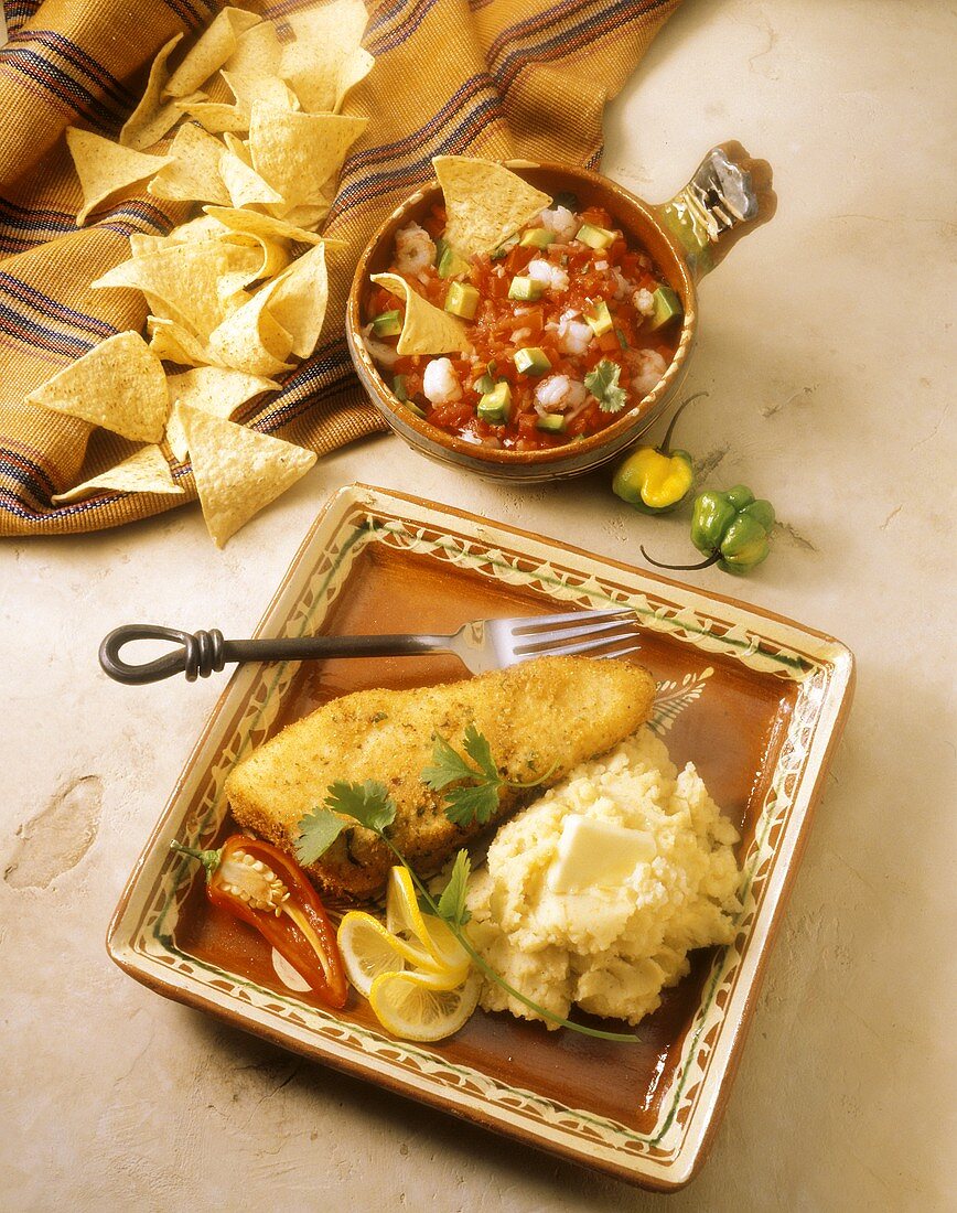 Breaded Fish Fillet with Mashed Potatoes; Chips and Salsa