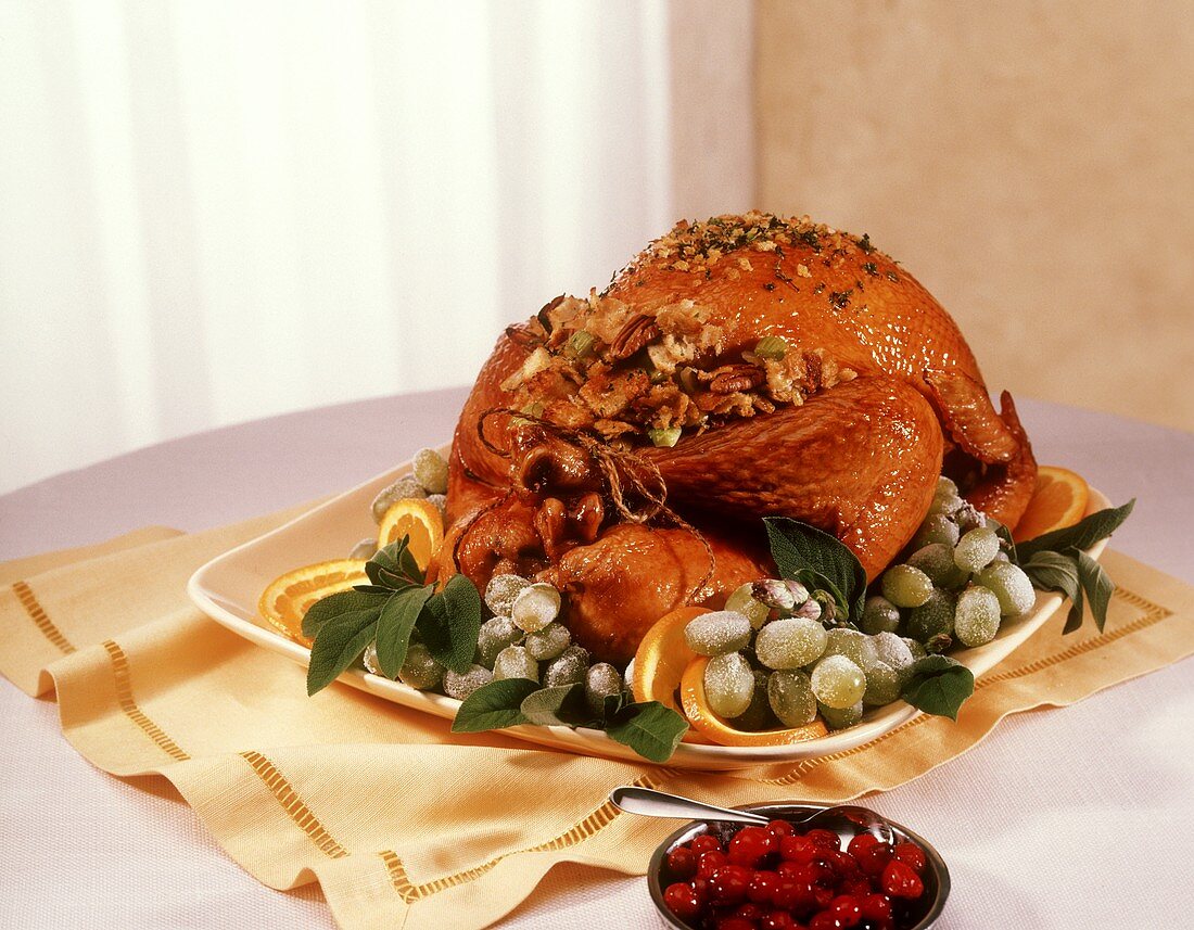 Whole Roast Turkey with Walnut Stuffing and Sugared Fruit