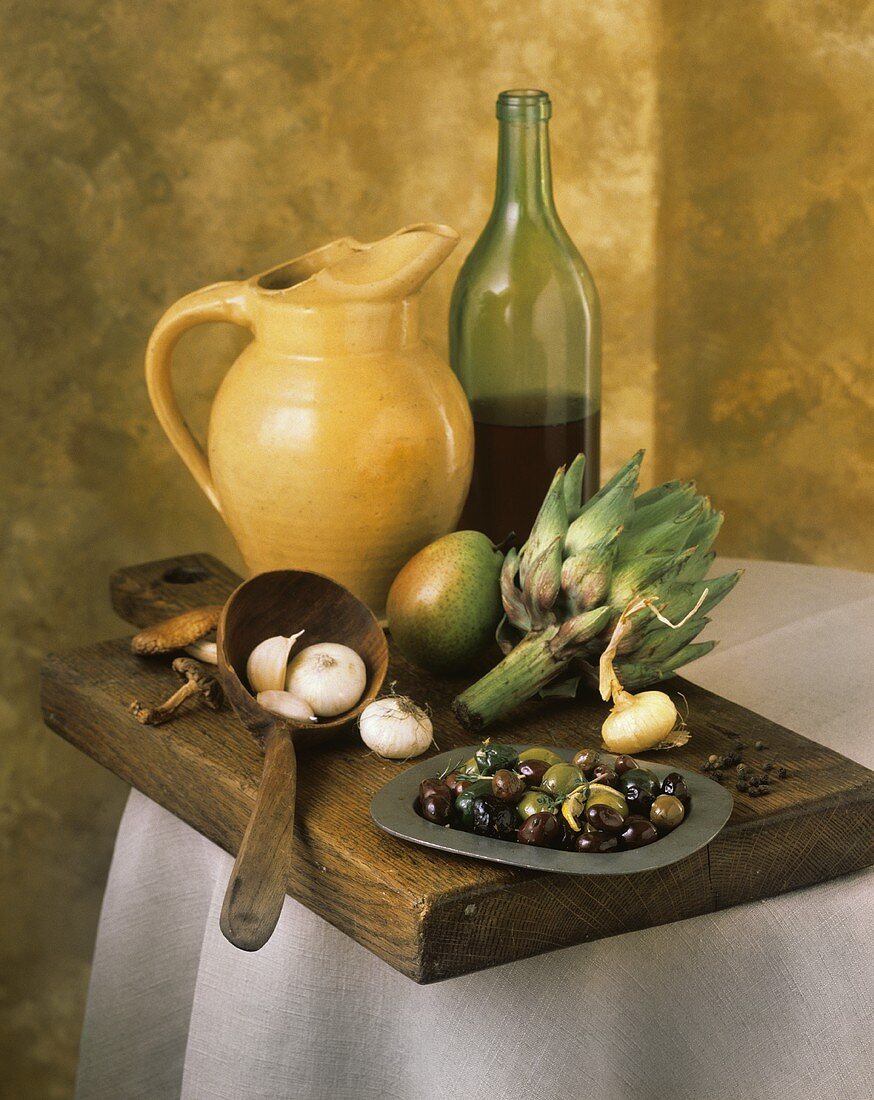 Artichoke, Olives, Wine and Pitcher