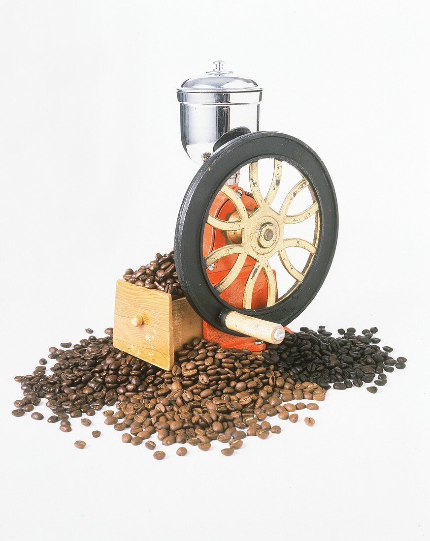 Verschiedene Sorten Kaffeebohnen in alter Kaffeemühle