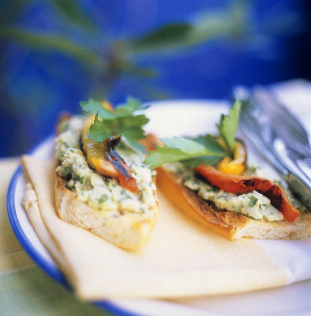 Crostini with Herb Spread and Roasted Peppers