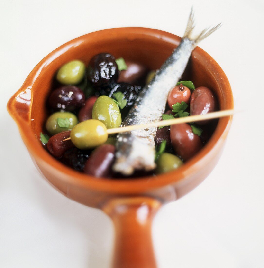 Olive marinate (Marinierte Oliven mit Sardine, Italien)