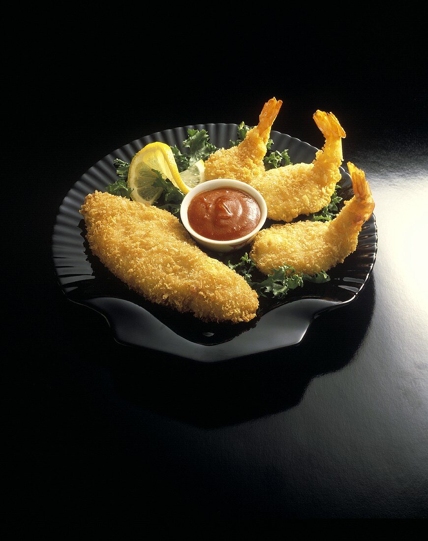 Breaded Shrimp and Fish with Cocktail Sauce