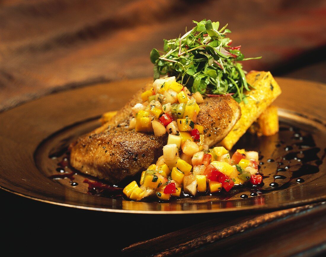 Cajun Mahi Tuna with Fried Polenta and Fruit Relish