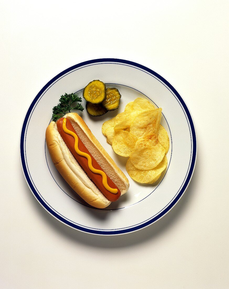 Hot Dog mit Senf, Kartoffelchips und Gewürzgurken