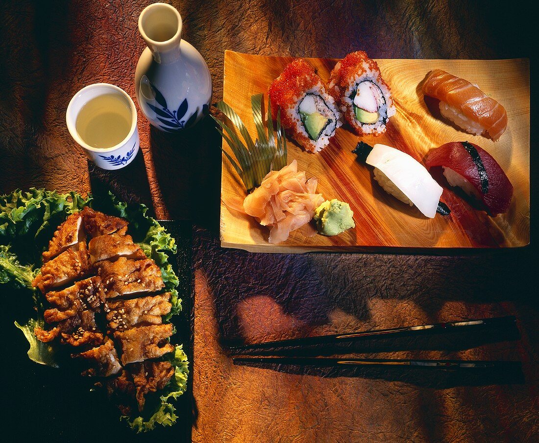 Sushi, Walnut Chicken and Saki"