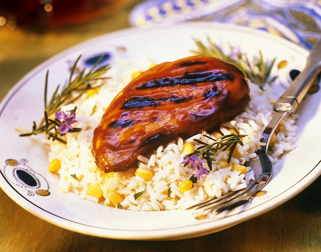 Teriyaki Glazed Chicken Breast on Rice with Corn