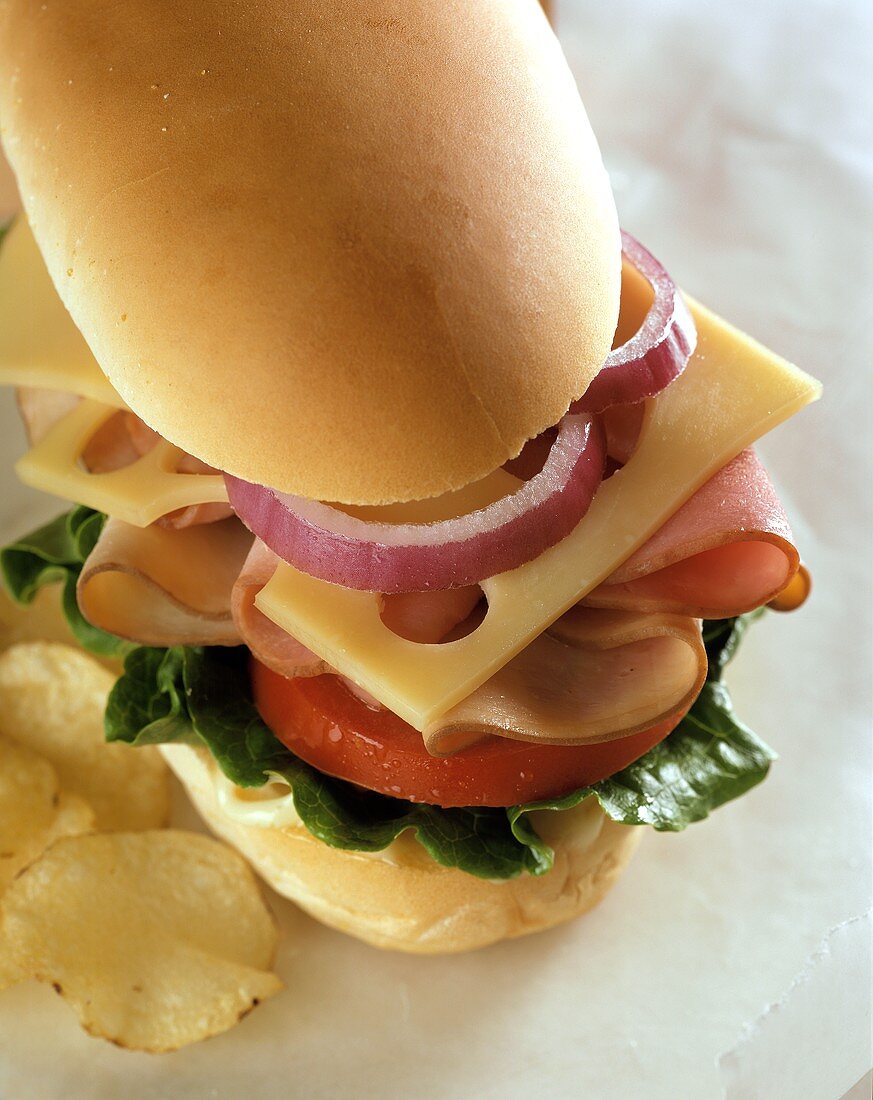 Sub Sandwich mit Schinken, Käse, Tomaten und Zwiebeln