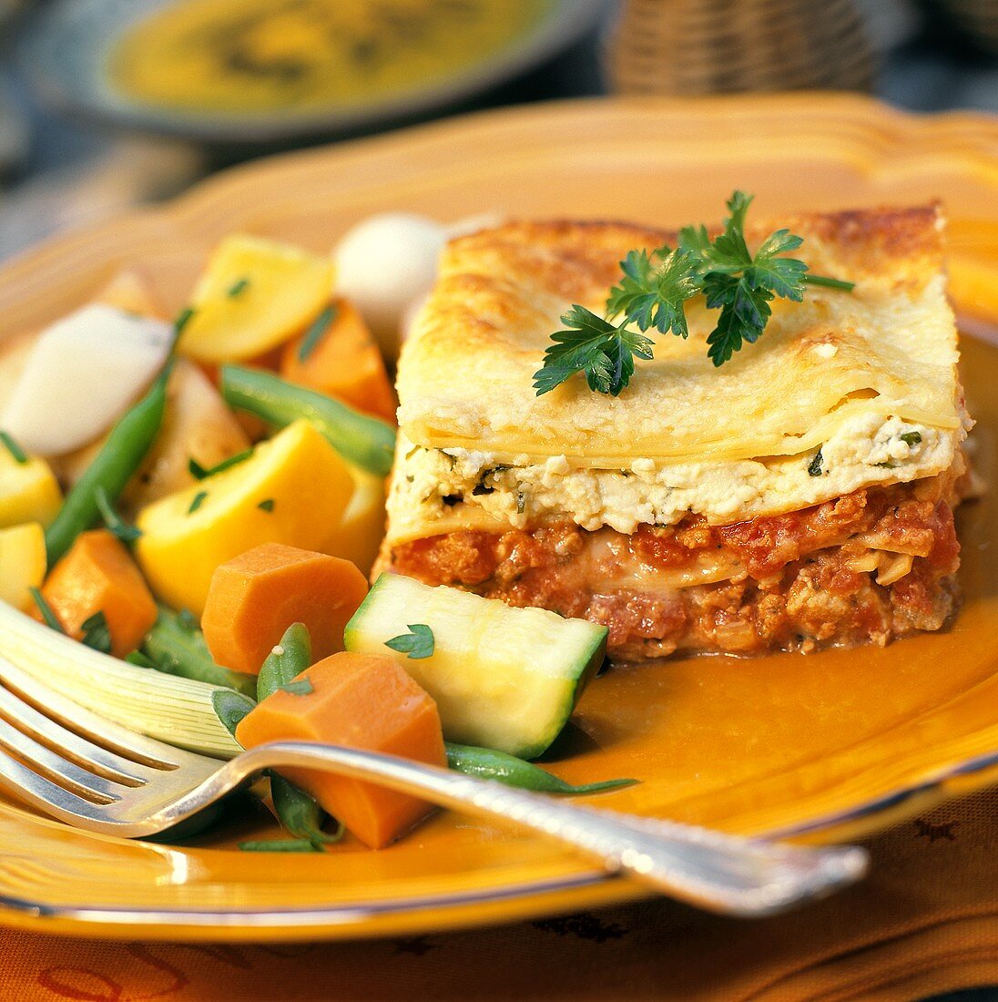 Beef Lasagne with Side of Steamed Vegetables