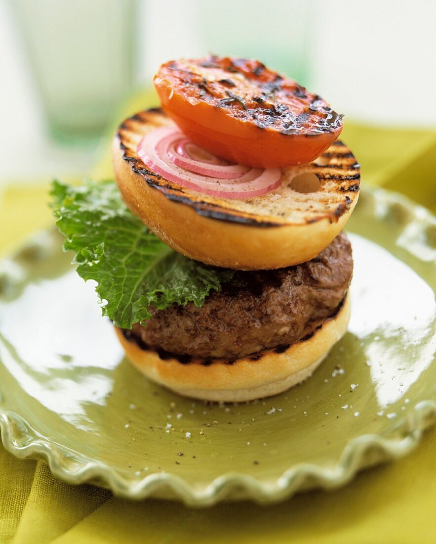 Grilled Hamburger with Grilled Roll and Tomato