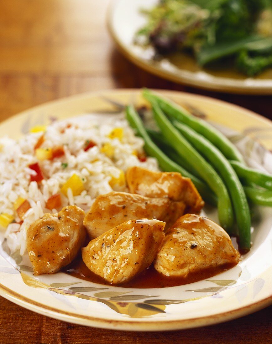 Chicken and Orange Sauce with Green Beans and Rice