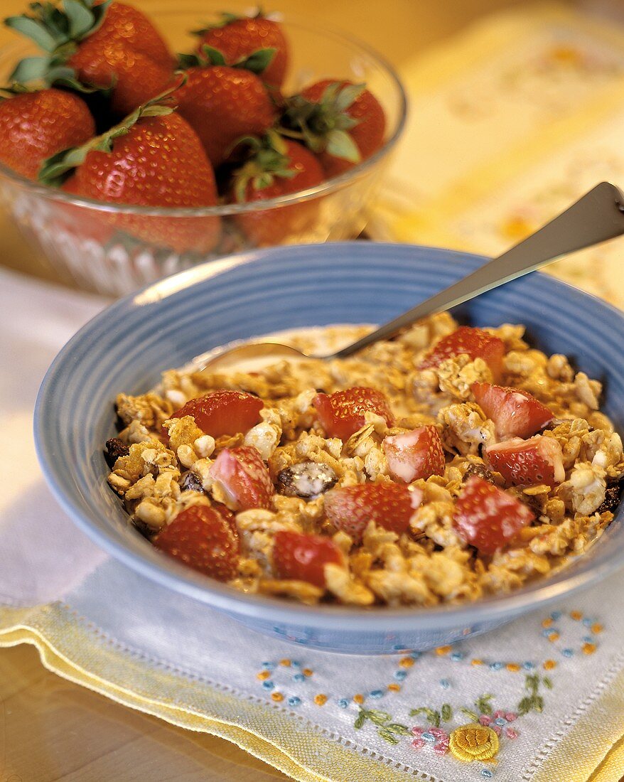 Müsli mit frischen Erdbeeren