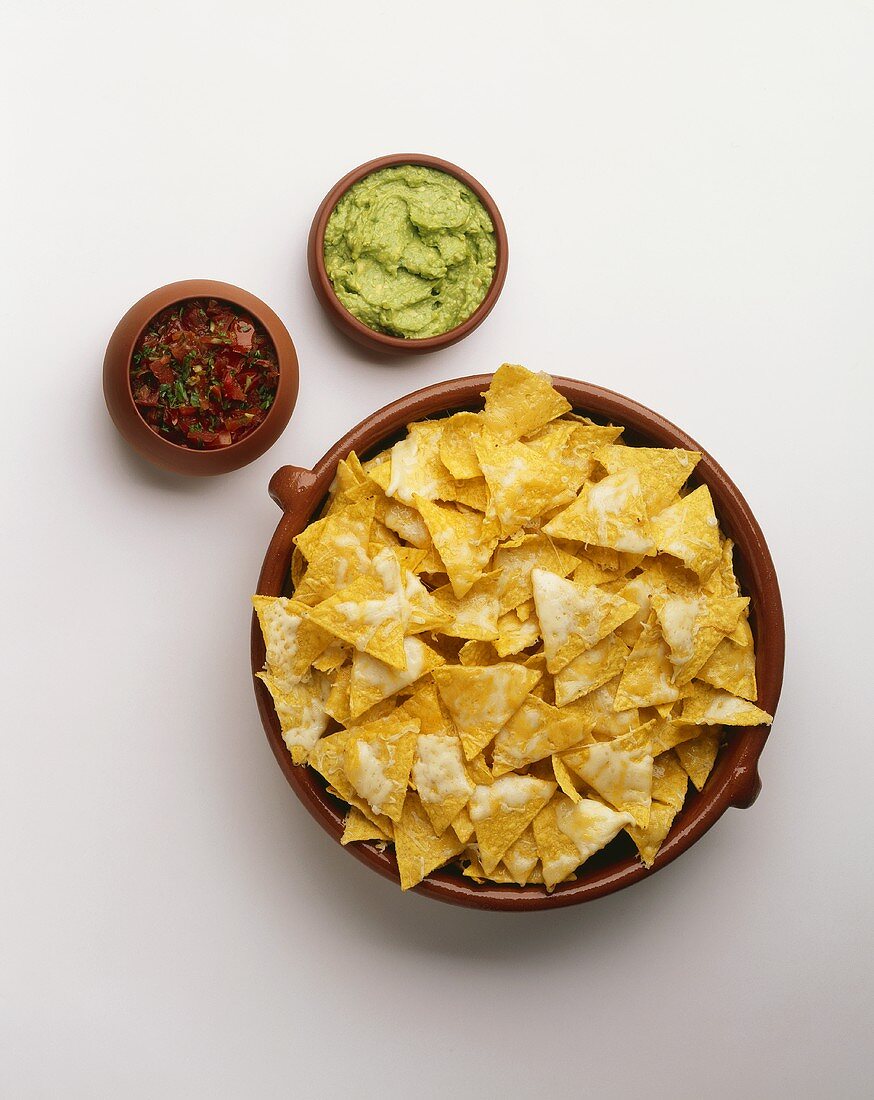 A Bowl of Tortilla Chips with Salsa & Guacamole