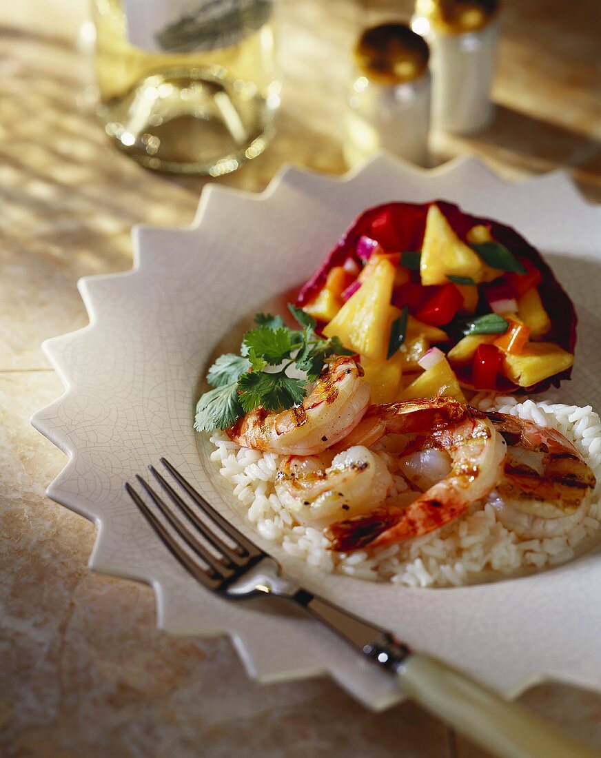 Grilled Shrimp on Rice with Pineapple Salsa