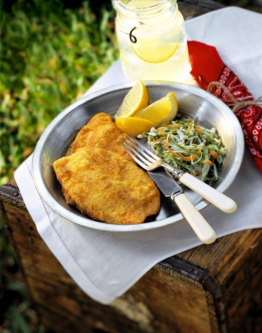 Picknick mit paniertem Hähnchenschnitzel und Salat