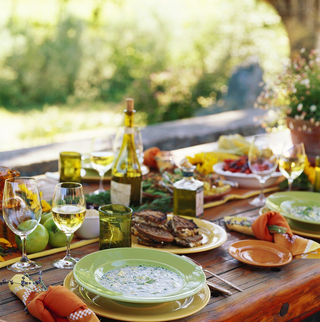 Gedeckter Tisch im Freien mit vegetarischem Essen