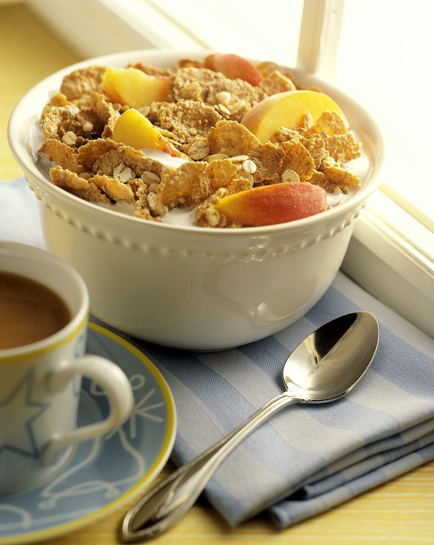 A Bowl of Cereal with Fresh Peaches