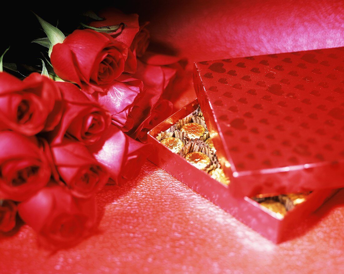 Roses and Candy on a Red Background