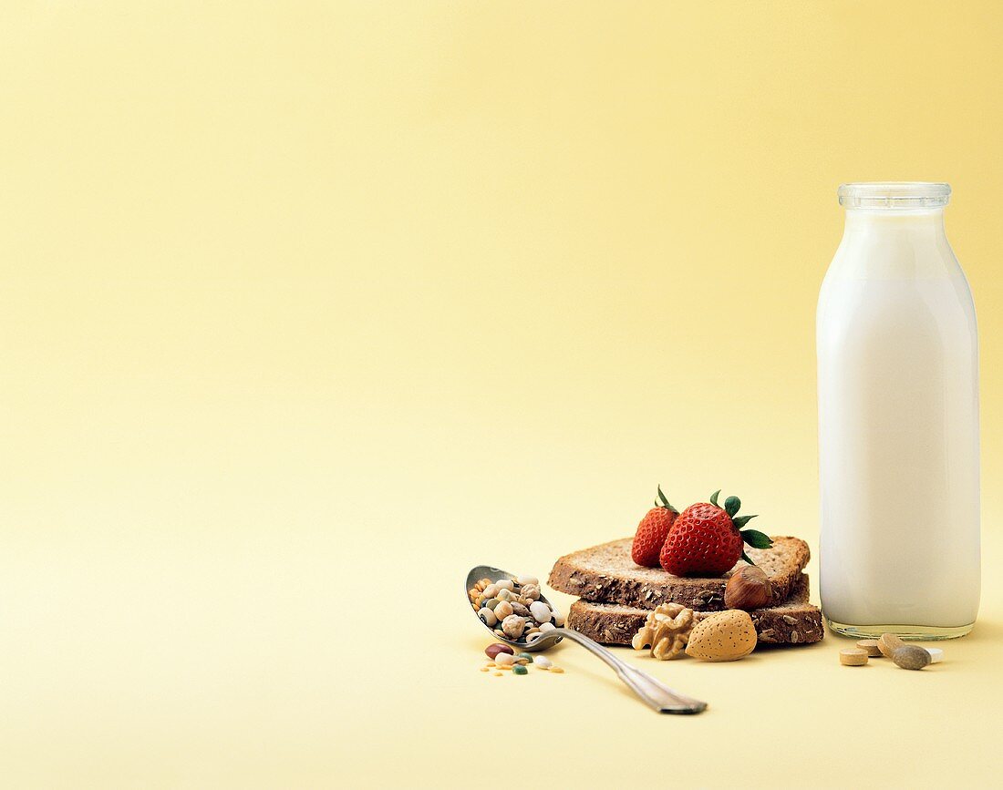 An arrangement featuring a milk bottle