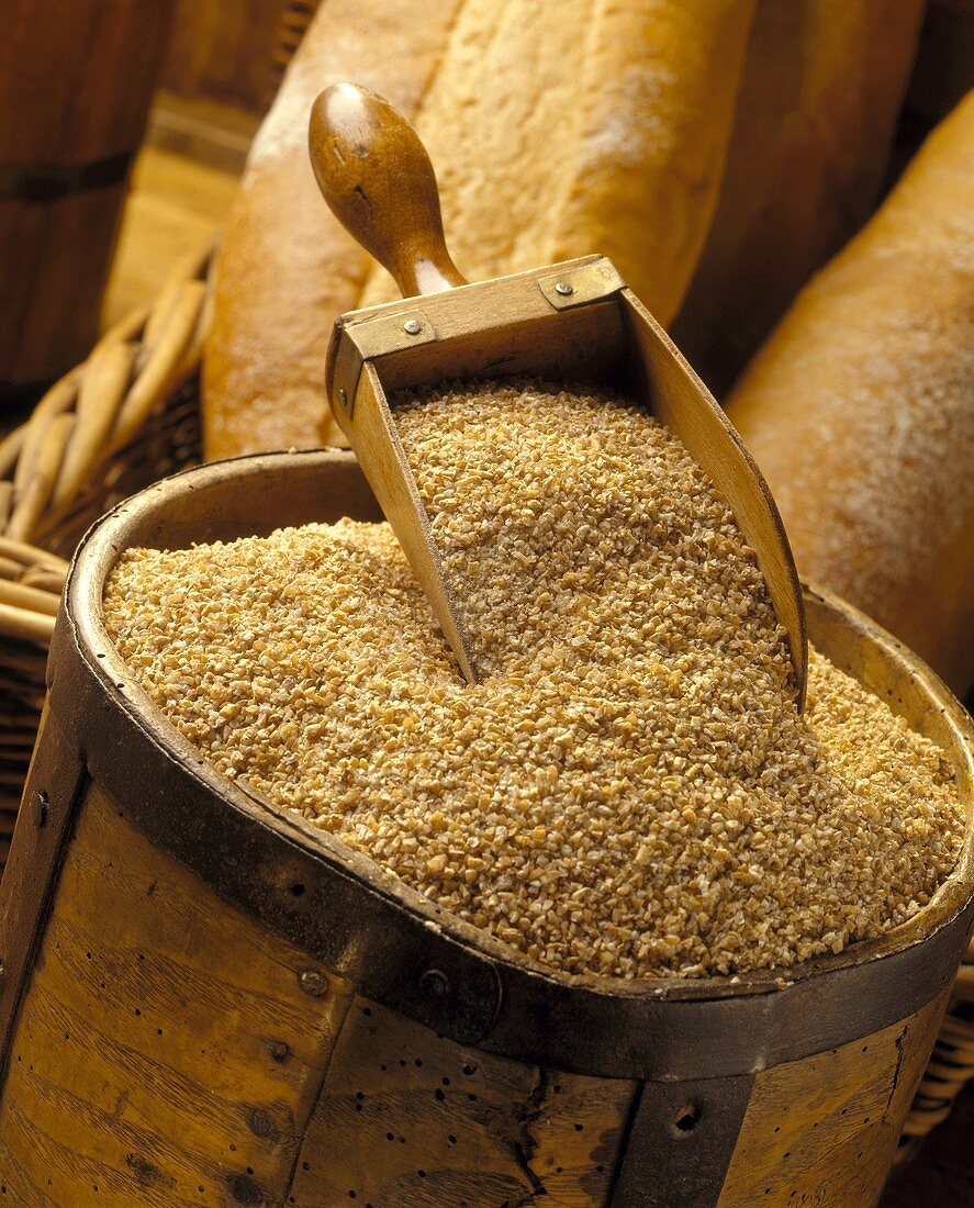 Cracked Wheat in Wooden Scoop and Measure