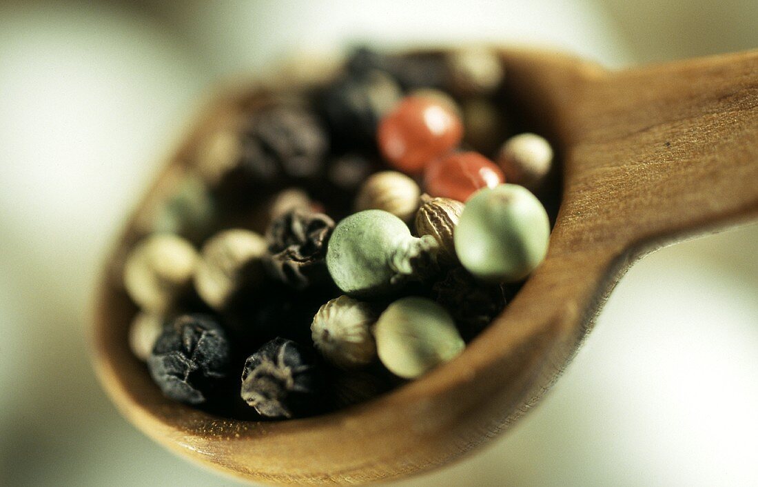 Red, Green, White Black Pepper Berries in Wooden Spoon