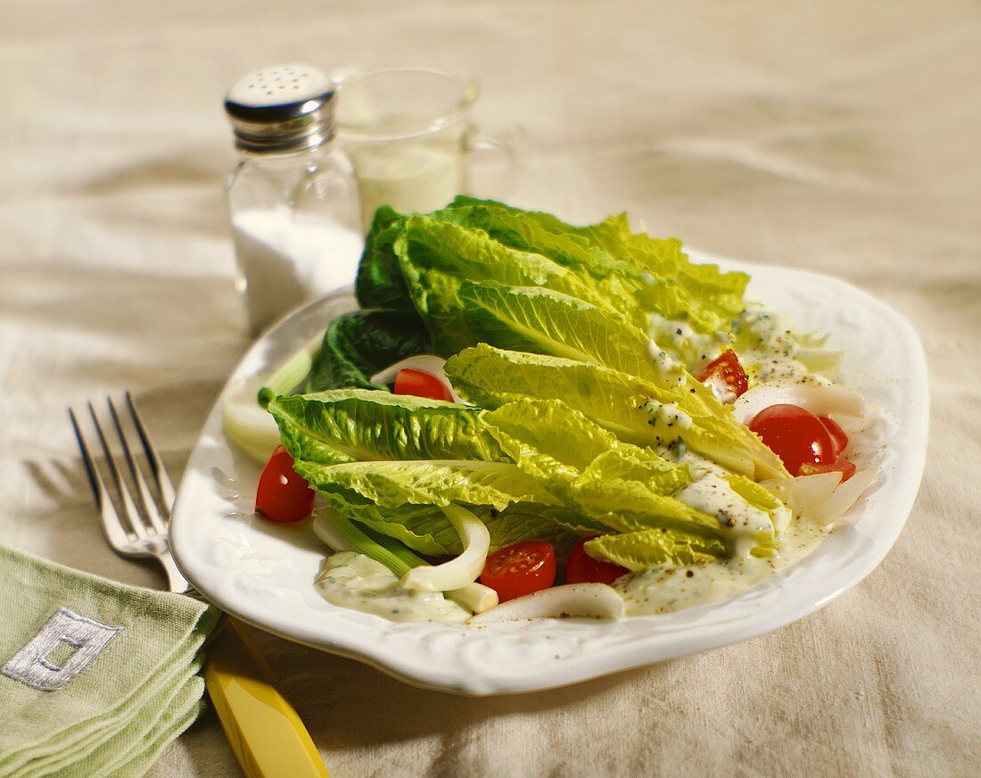 A Salad of Romaine Lettuce, Cherry Tomatoes, Onions and Green Goddess Dressing