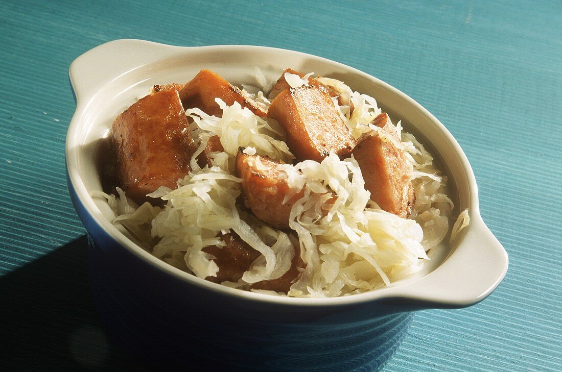 Smoked Sausage and Sauerkraut in a Blue Bowl