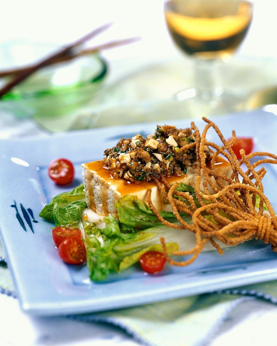 Marinated tofu with chopped mushrooms