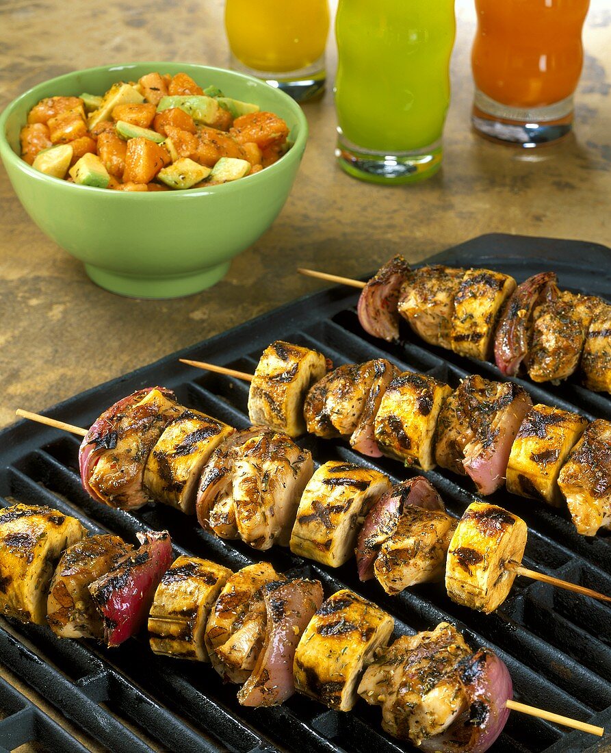 Chicken and banana kebabs on the barbecue