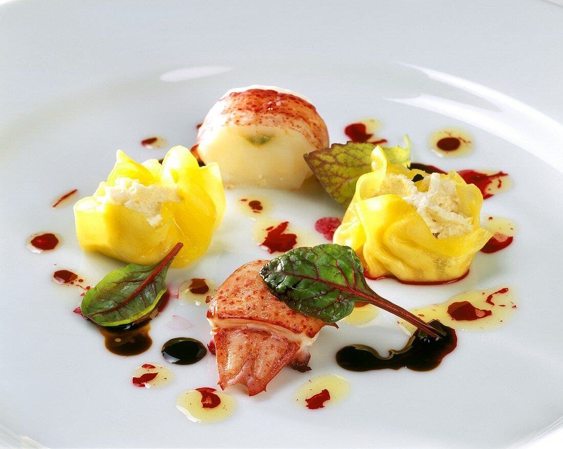 Lobster and filled pasta parcels with balsamic vinegar