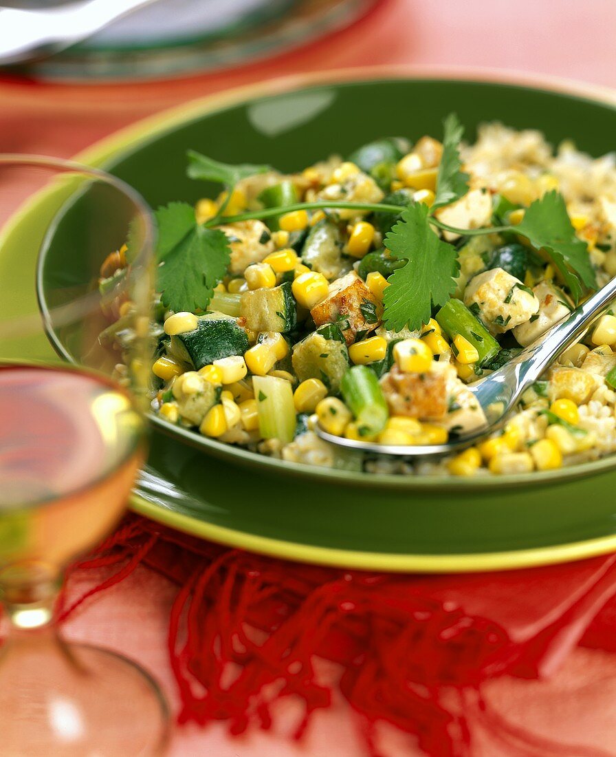 Chicken with sweetcorn, courgettes and coconut milk