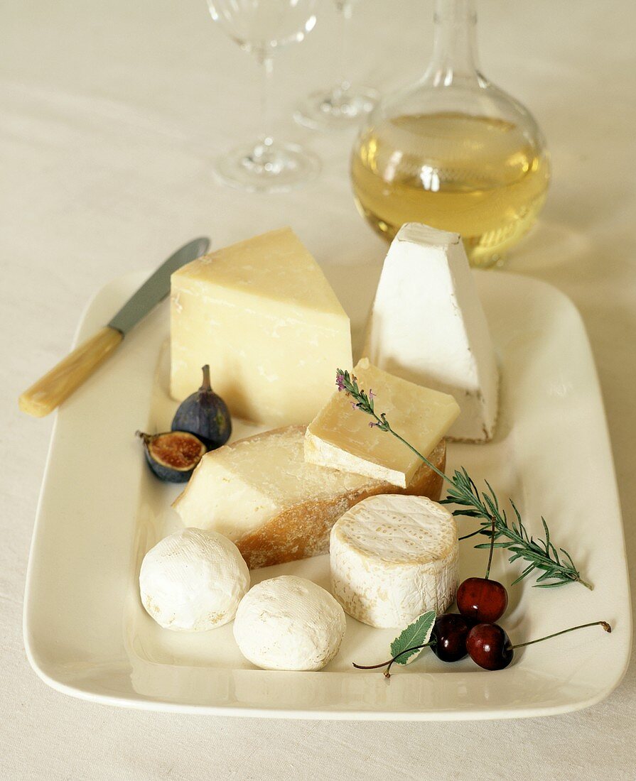 Cheese Still Life on Ironstone Plate with White Wine