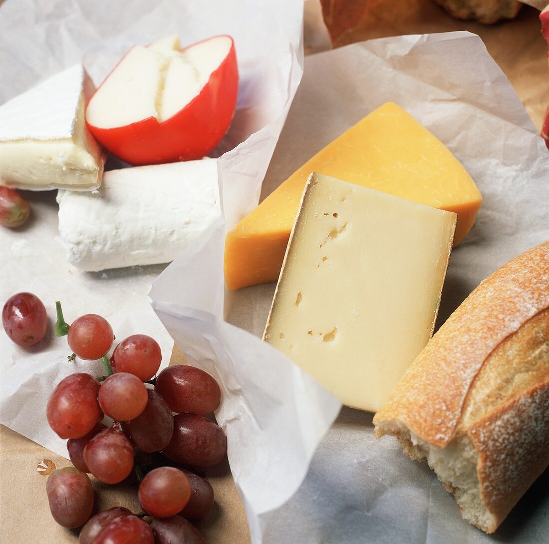 Verschiedene Käsesorten mit Weintrauben und Brot