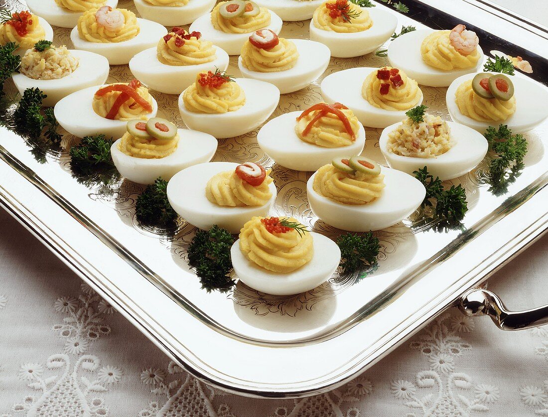 Deviled Eggs on a Silver Tray