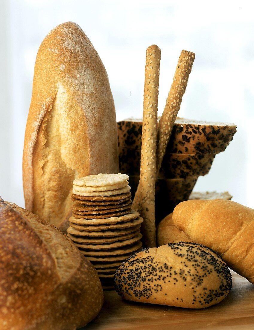 Assorted breads, crackers and grissini