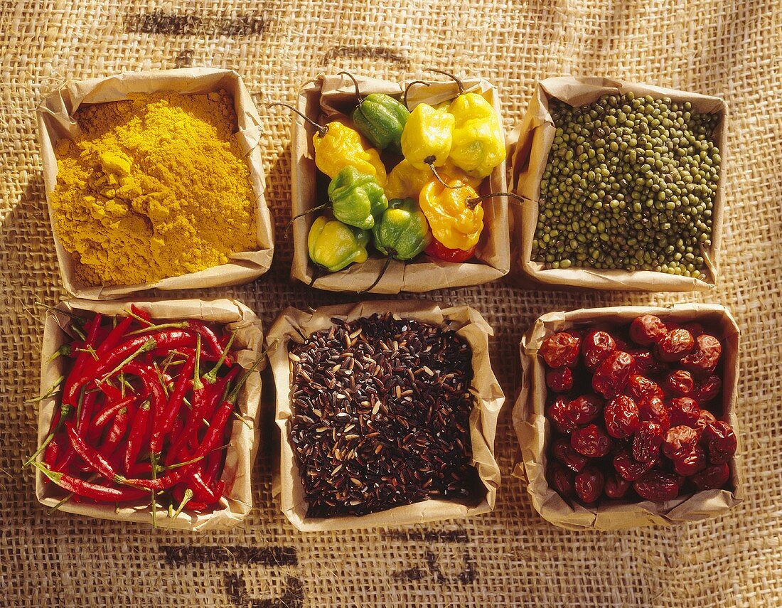 Six ingredients for Asian cooking on a jute sack
