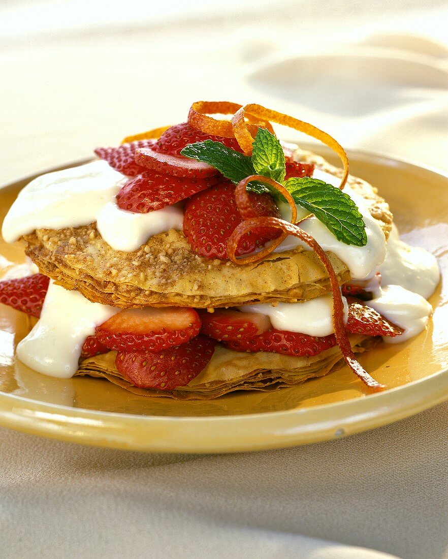 Crepes with strawberries and cream